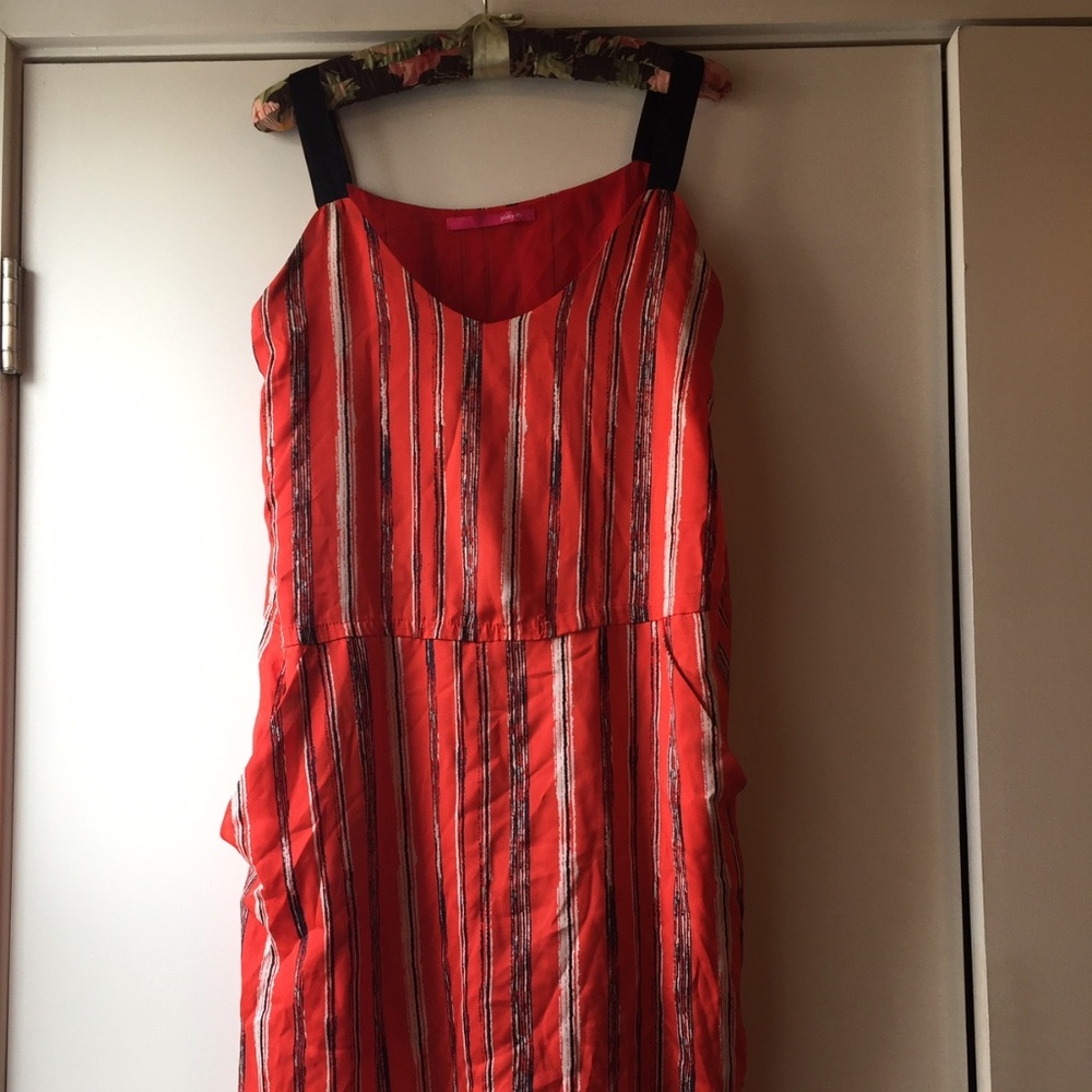red black and white printed dress, black straps